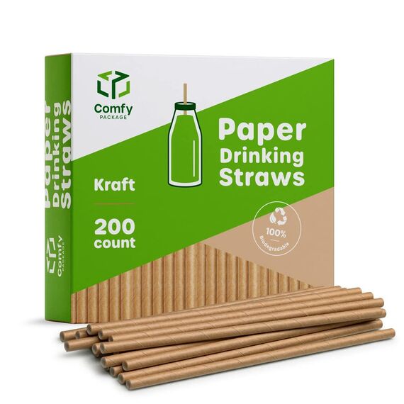 Comfy Package [200 Stück] Kraft-Papierstrohhalme, 100% biologisch abbaubar & tintenfrei – Strohhalme zum Trinken und für Bastelarbeiten.