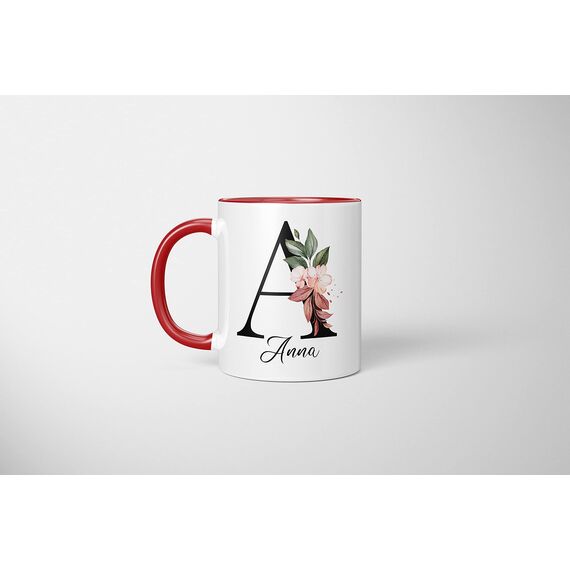 Personalisierte Tasse - Namens-Tasse mit Blumen Motiv - mit Ihrem Anfangsbuchstaben und Namen - personalisiert - Geburtstag - Kaffeetasse - beidseitig bedruckt - Geschenke für Frauen (Rot)