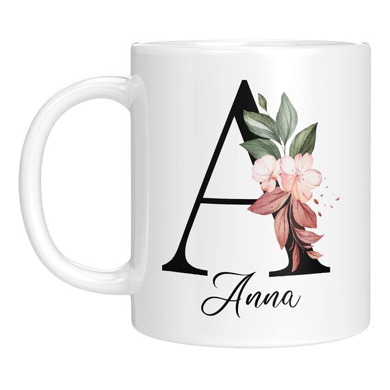 Personalisierte Tasse - Namens-Tasse mit Blumen Motiv - mit Ihrem Anfangsbuchstaben und Namen - personalisiert - Geburtstag - Kaffeetasse - beidseitig bedruckt - Geschenke für Frauen (Weiß)