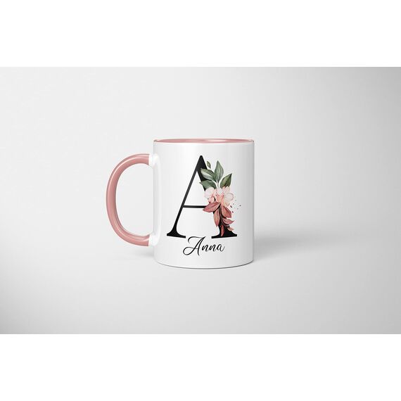 Personalisierte Keramik, Tasse - -mit Blumen Motiv - mit Ihrem Anfangsbuchstaben und Namen - - Geburtstag - Kaffeetasse - beidseitig bedruckt - Geschenke für Frauen (Rosa)