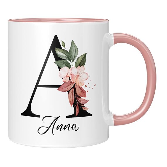 Personalisierte Keramik, Tasse - -mit Blumen Motiv - mit Ihrem Anfangsbuchstaben und Namen - - Geburtstag - Kaffeetasse - beidseitig bedruckt - Geschenke für Frauen (Rosa)