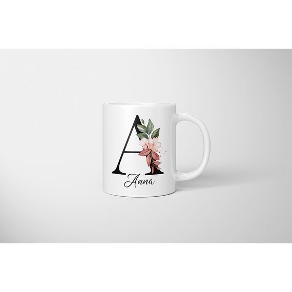 Personalisierte Tasse - Namens-Tasse mit Blumen Motiv - mit Ihrem Anfangsbuchstaben und Namen - personalisiert - Geburtstag - Kaffeetasse - beidseitig bedruckt - Geschenke für Frauen (Weiß)