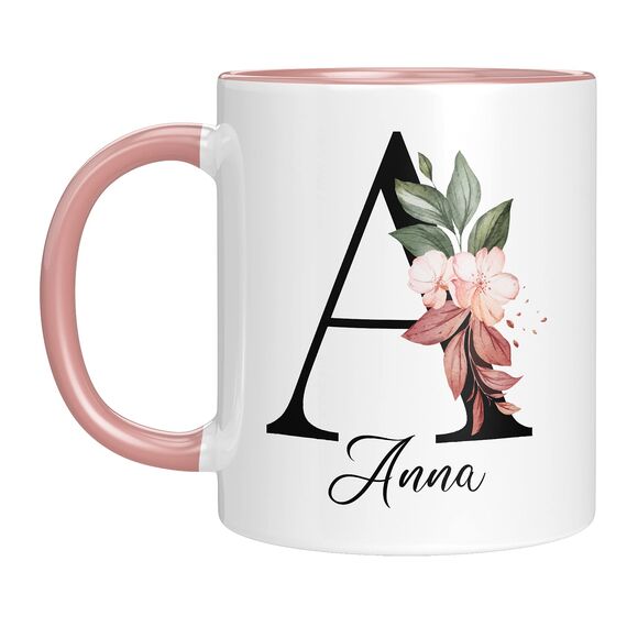 Personalisierte Keramik, Tasse - -mit Blumen Motiv - mit Ihrem Anfangsbuchstaben und Namen - - Geburtstag - Kaffeetasse - beidseitig bedruckt - Geschenke für Frauen (Rosa)