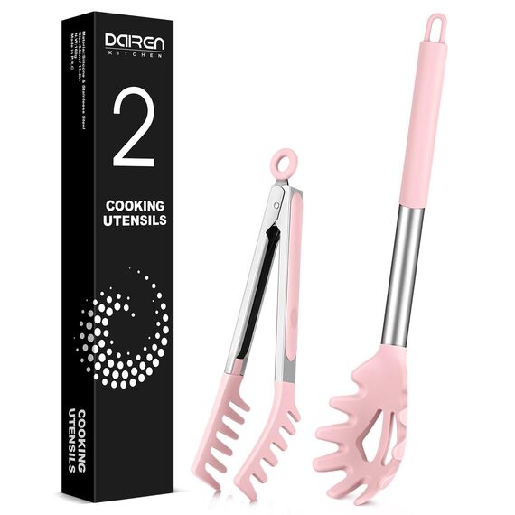 Spaghetti-Löffel und Nudelzange, Antihaft-Silikonlöffel, Serviergabel mit Zähnen und Edelstahlgriff, Lebensmittelclip für Nudeln, Rosa