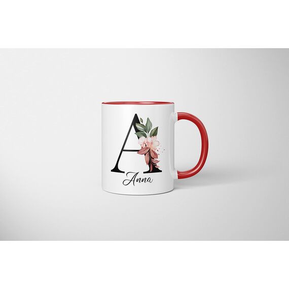 Personalisierte Tasse - Namens-Tasse mit Blumen Motiv - mit Ihrem Anfangsbuchstaben und Namen - personalisiert - Geburtstag - Kaffeetasse - beidseitig bedruckt - Geschenke für Frauen (Rot)