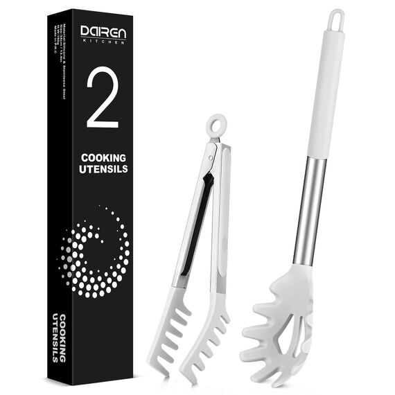 Spaghetti-Löffel und Nudelzange, Antihaft-Silikonlöffel, Serviergabel mit Zähnen und Edelstahlgriff, Spaghettizange, Lebensmittelclip für Spaghetti-Nudeln, Weiß