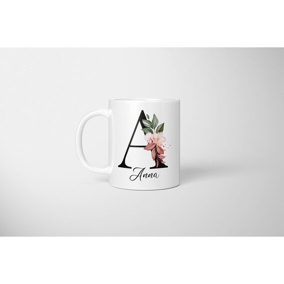Personalisierte Tasse - Namens-Tasse mit Blumen Motiv - mit Ihrem Anfangsbuchstaben und Namen - personalisiert - Geburtstag - Kaffeetasse - beidseitig bedruckt - Geschenke für Frauen (Weiß)