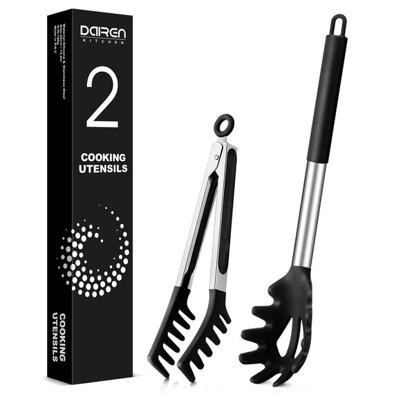 Spaghetti-Löffel und Nudelzange, Antihaft-Silikonlöffel, Serviergabel mit Zähnen und Edelstahlgriff, Spaghettizange, Lebensmittelclip für Spaghetti-Nudeln (Schwarz)