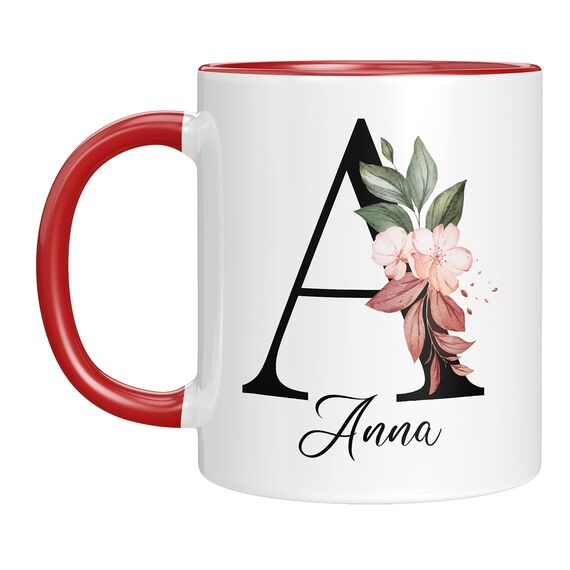 Personalisierte Tasse - Namens-Tasse mit Blumen Motiv - mit Ihrem Anfangsbuchstaben und Namen - personalisiert - Geburtstag - Kaffeetasse - beidseitig bedruckt - Geschenke für Frauen (Rot)