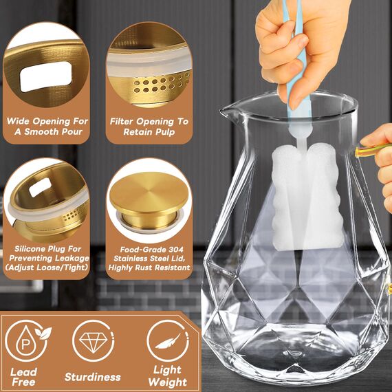 Wasserkrug,Glaskaraffe mit Deckel 2.2 Liter/74 Unzen,Wasserkaraffe im Modernen Diamant Design, Glaskrug,karaffe aus Borosilikatglas,Karaffe Glas mit Deckel
