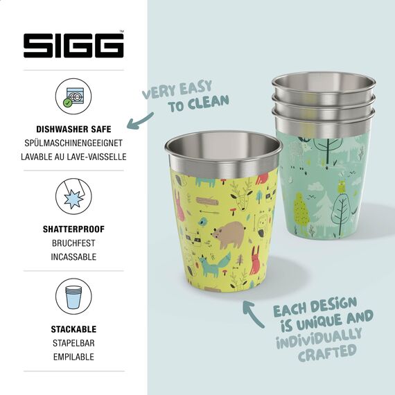 SIGG Kinderbecher Set (4 x 0.35 L), Trinkbecher für Kinder in 4 bunten Designs für Jungen und Mädchen, praktische Edelstahlbecher für zu Hause und unterwegs