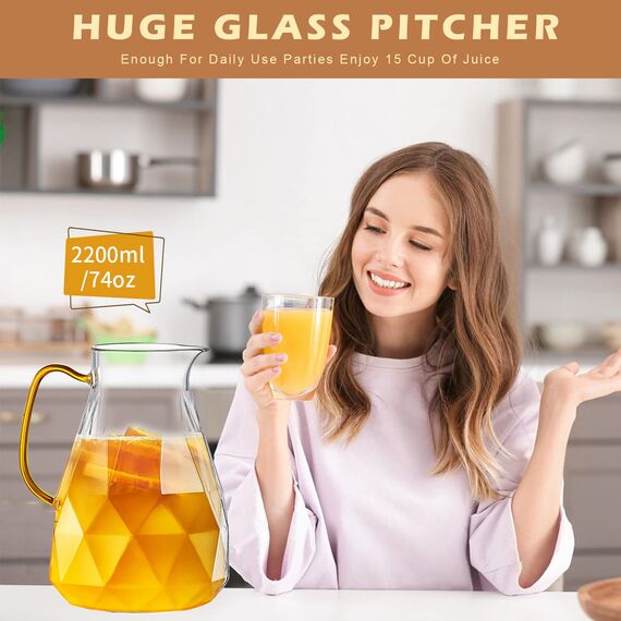 Wasserkrug,Glaskaraffe mit Deckel 2.2 Liter/74 Unzen,Wasserkaraffe im Modernen Diamant Design, Glaskrug,karaffe aus Borosilikatglas,Karaffe Glas mit Deckel