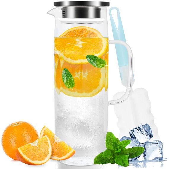 Miudeco Glaskaraffe, 1,5 Liter/51 Unzen Wasserkaraffe mit Deckel, Glaskrug für Heißes/Kaltes Wasser, Eistee und Saftgetränke (mit Becherbürste)