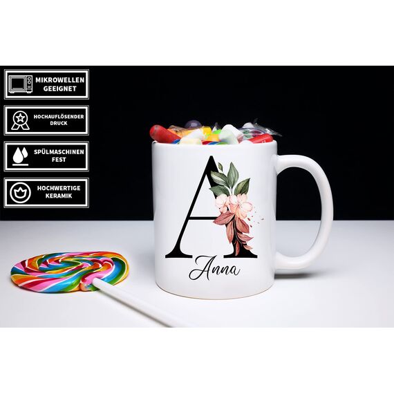 Personalisierte Tasse - Namens-Tasse mit Blumen Motiv - mit Ihrem Anfangsbuchstaben und Namen - personalisiert - Geburtstag - Kaffeetasse - beidseitig bedruckt - Geschenke für Frauen (Weiß)