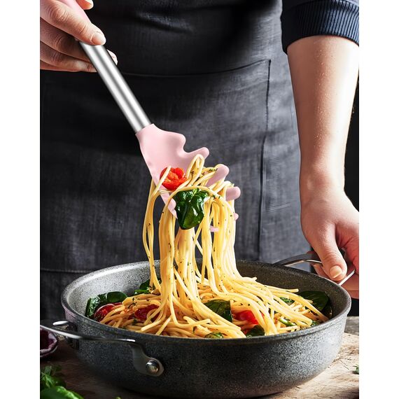 Spaghetti-Löffel und Nudelzange, Antihaft-Silikonlöffel, Serviergabel mit Zähnen und Edelstahlgriff, Lebensmittelclip für Nudeln, Rosa