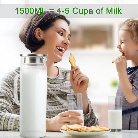 Miudeco Glaskaraffe, 1,5 Liter/51 Unzen Wasserkaraffe mit Deckel, Glaskrug für Heißes/Kaltes Wasser, Eistee und Saftgetränke (mit Becherbürste)