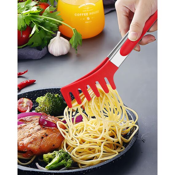 Spaghetti-Löffel und Nudelzange, Antihaft-Silikonlöffel, Serviergabel mit Zähnen und Edelstahlgriff, Spaghettizange, Lebensmittelclip für Spaghetti-Nudeln (Rot)