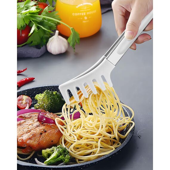 Spaghetti-Löffel und Nudelzange, Antihaft-Silikonlöffel, Serviergabel mit Zähnen und Edelstahlgriff, Spaghettizange, Lebensmittelclip für Spaghetti-Nudeln, Weiß