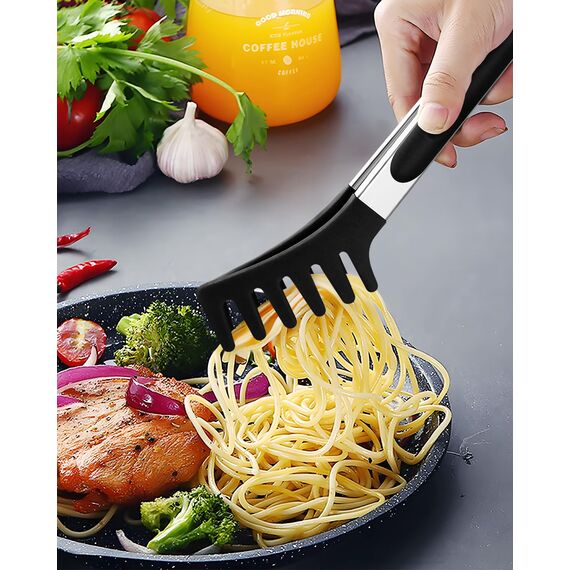 Spaghetti-Löffel und Nudelzange, Antihaft-Silikonlöffel, Serviergabel mit Zähnen und Edelstahlgriff, Spaghettizange, Lebensmittelclip für Spaghetti-Nudeln (Schwarz)