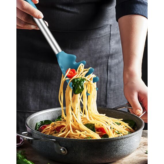 Spaghetti-Löffel und Nudelzange, Antihaft-Silikonlöffel, Serviergabel mit Zähnen und Edelstahlgriff, Spaghettizange, Lebensmittelclip für Spaghetti-Nudeln (Blau)