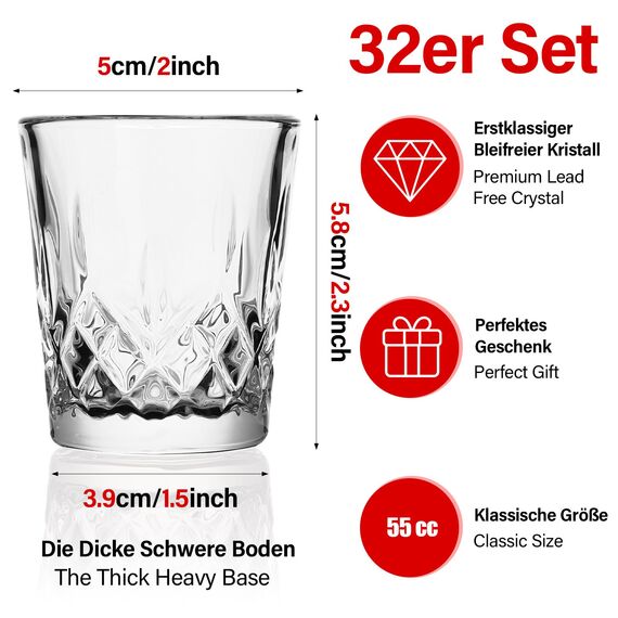 Gucass 32 Stück Schnapsgläser, 5cl Spülmaschinenfest| Bleifreies Glas| Shotgläser mit schwerem boden