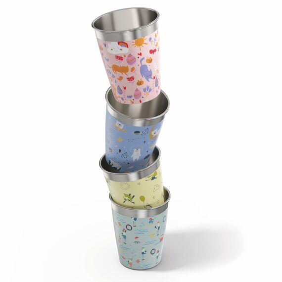 SIGG Kinderbecher Set Daydream (4 x 0.35 L), Trinkbecher für Kinder in 4 bunten Designs für Jungen und Mädchen, praktische Edelstahlbecher für zu Hause und unterwegs