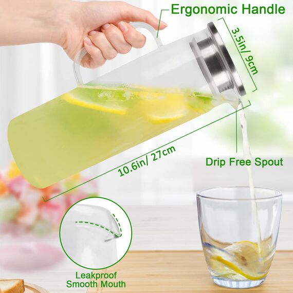 Miudeco Glaskaraffe, 1,5 Liter/51 Unzen Wasserkaraffe mit Deckel, Glaskrug für Heißes/Kaltes Wasser, Eistee und Saftgetränke (mit Becherbürste)