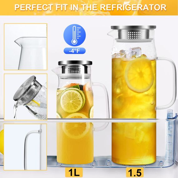 Miudeco Glaskaraffe, 1,5 Liter/51 Unzen Wasserkaraffe mit Deckel, Glaskrug für Heißes/Kaltes Wasser, Eistee und Saftgetränke (mit Becherbürste)