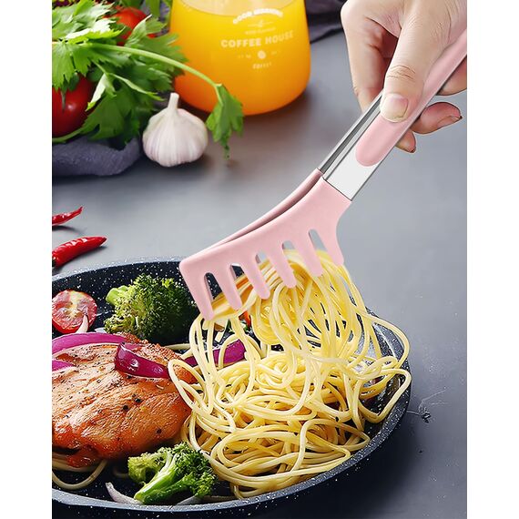 Spaghetti-Löffel und Nudelzange, Antihaft-Silikonlöffel, Serviergabel mit Zähnen und Edelstahlgriff, Lebensmittelclip für Nudeln, Rosa