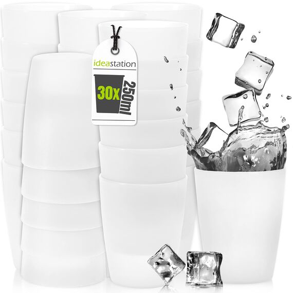 idea-station NEO Plastikbecher 30 x 250 ml - transparent - bruchsichere Trinkbecher Plastik - wiederverwendbare Becher aus Plastik - perfekt für Party, Outdoor, Camping