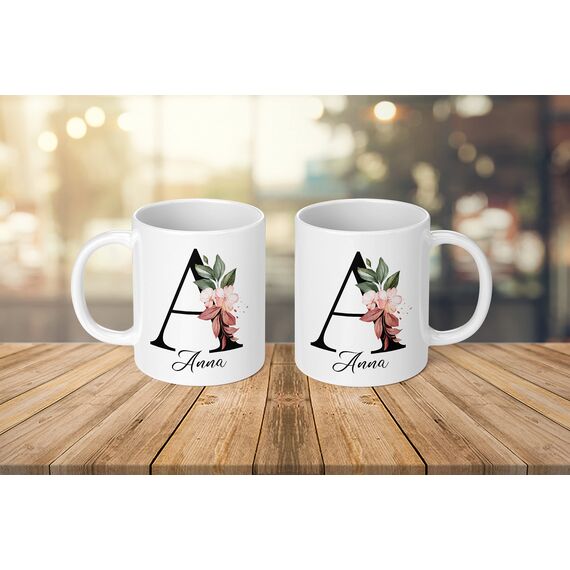 Personalisierte Tasse - Namens-Tasse mit Blumen Motiv - mit Ihrem Anfangsbuchstaben und Namen - personalisiert - Geburtstag - Kaffeetasse - beidseitig bedruckt - Geschenke für Frauen (Weiß)