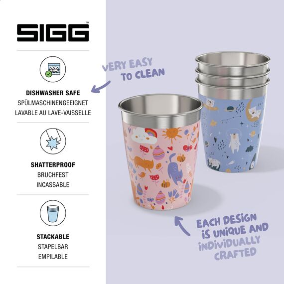 SIGG Kinderbecher Set Daydream (4 x 0.35 L), Trinkbecher für Kinder in 4 bunten Designs für Jungen und Mädchen, praktische Edelstahlbecher für zu Hause und unterwegs