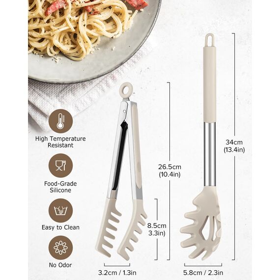 Spaghetti-Löffel und Nudelzange, Antihaft-Silikonlöffel, Serviergabel mit Zähnen und Edelstahlgriff, Spaghettizange, Lebensmittelclip für Spaghetti-Nudeln (Khaki)