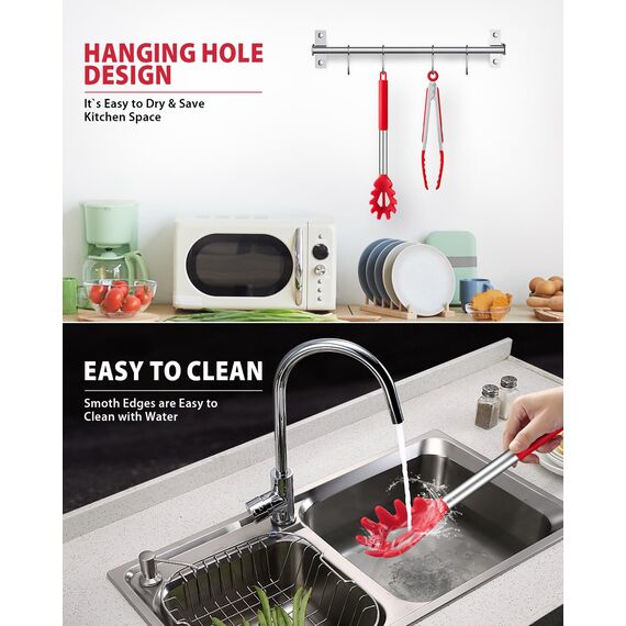 Spaghetti-Löffel und Nudelzange, Antihaft-Silikonlöffel, Serviergabel mit Zähnen und Edelstahlgriff, Spaghettizange, Lebensmittelclip für Spaghetti-Nudeln (Rot)