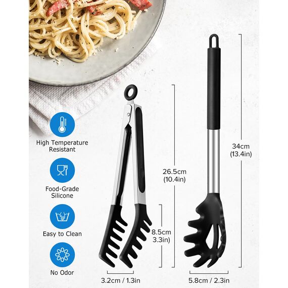 Spaghetti-Löffel und Nudelzange, Antihaft-Silikonlöffel, Serviergabel mit Zähnen und Edelstahlgriff, Spaghettizange, Lebensmittelclip für Spaghetti-Nudeln (Schwarz)