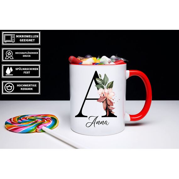Personalisierte Tasse - Namens-Tasse mit Blumen Motiv - mit Ihrem Anfangsbuchstaben und Namen - personalisiert - Geburtstag - Kaffeetasse - beidseitig bedruckt - Geschenke für Frauen (Rot)