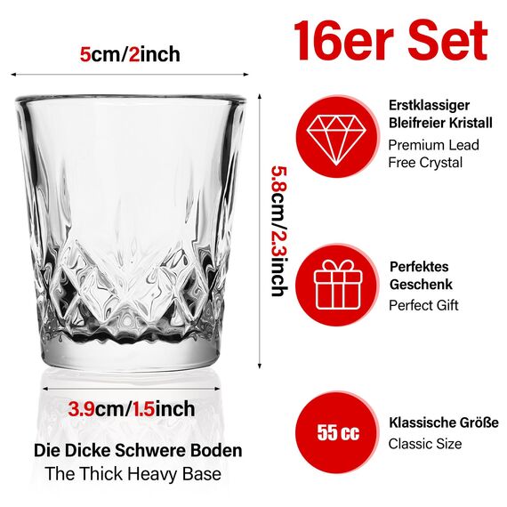 Gucass 16 Stück Schnapsgläser, 5cl Spülmaschinenfest| Bleifreies Glas| Shotgläser mit schwerem boden