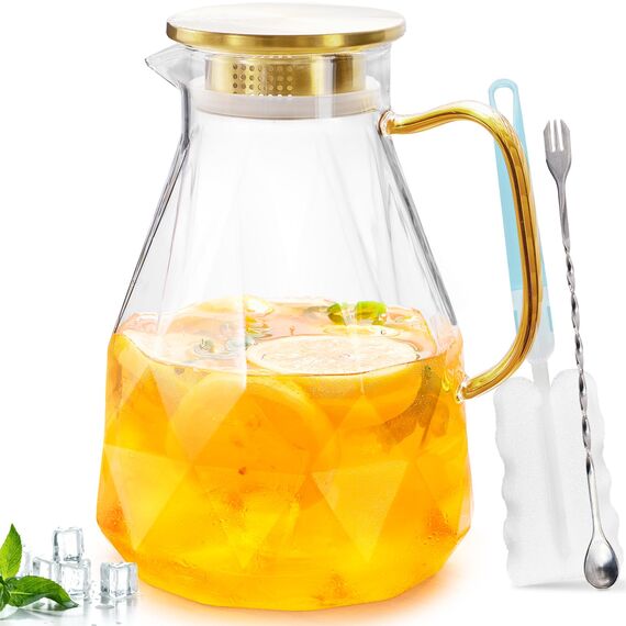 Wasserkrug,Glaskaraffe mit Deckel 2.2 Liter/74 Unzen,Wasserkaraffe im Modernen Diamant Design, Glaskrug,karaffe aus Borosilikatglas,Karaffe Glas mit Deckel