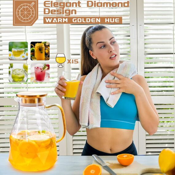 Wasserkrug,Glaskaraffe mit Deckel 2.2 Liter/74 Unzen,Wasserkaraffe im Modernen Diamant Design, Glaskrug,karaffe aus Borosilikatglas,Karaffe Glas mit Deckel