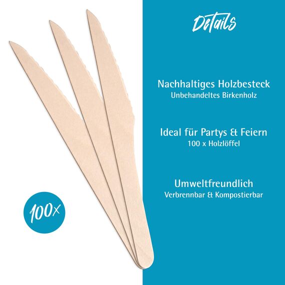 GRÄWE Einwegbesteck Holzmesser, 100 Stück, Holzbesteck, umweltfreundlich aus Holz, biologisch abbaubar