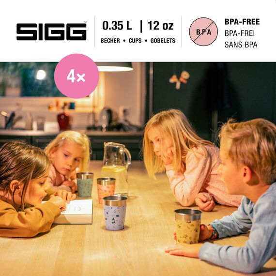 SIGG Kinderbecher Set Daydream (4 x 0.35 L), Trinkbecher für Kinder in 4 bunten Designs für Jungen und Mädchen, praktische Edelstahlbecher für zu Hause und unterwegs