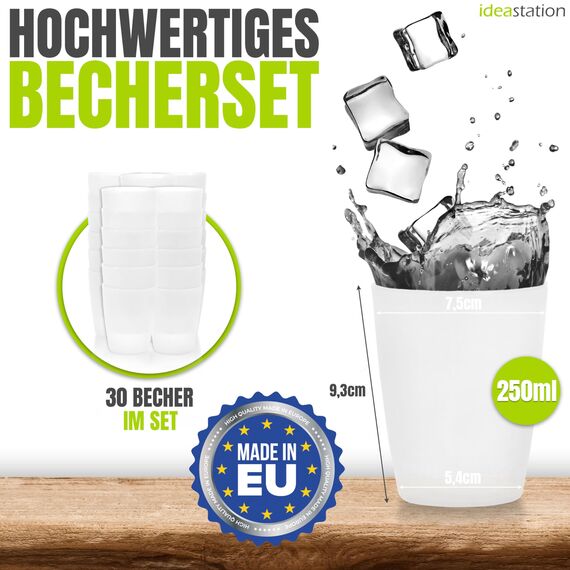 idea-station NEO Plastikbecher 30 x 250 ml - transparent - bruchsichere Trinkbecher Plastik - wiederverwendbare Becher aus Plastik - perfekt für Party, Outdoor, Camping