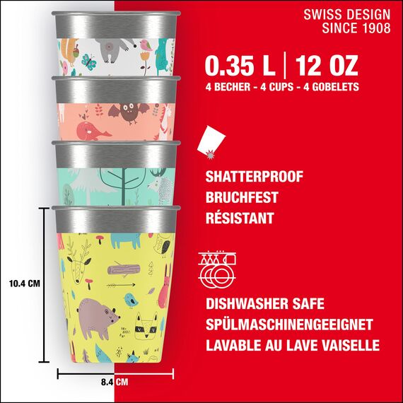 SIGG Kinderbecher Set (4 x 0.35 L), Trinkbecher für Kinder in 4 bunten Designs für Jungen und Mädchen, praktische Edelstahlbecher für zu Hause und unterwegs