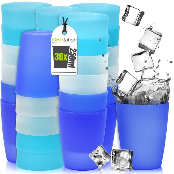 idea-station NEO Plastikbecher 30 x 250 ml - ice-edition - bruchsichere Trinkbecher Plastik - wiederverwendbare Becher aus Plastik - perfekt für Party, Outdoor, Camping