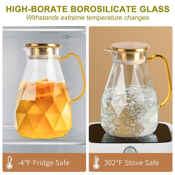 Wasserkrug,Glaskaraffe mit Deckel 2.2 Liter/74 Unzen,Wasserkaraffe im Modernen Diamant Design, Glaskrug,karaffe aus Borosilikatglas,Karaffe Glas mit Deckel