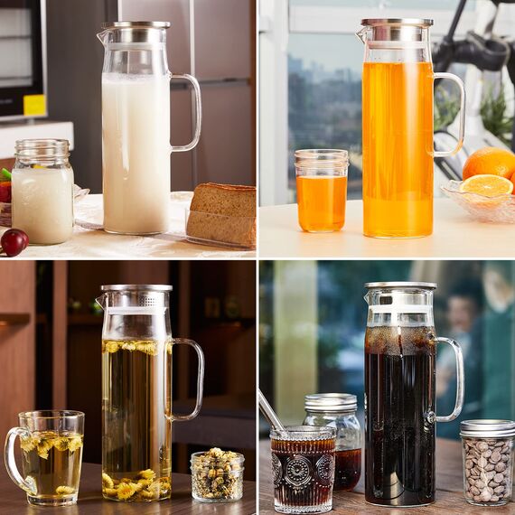 Miudeco Glaskaraffe, 1,5 Liter/51 Unzen Wasserkaraffe mit Deckel, Glaskrug für Heißes/Kaltes Wasser, Eistee und Saftgetränke (mit Becherbürste)