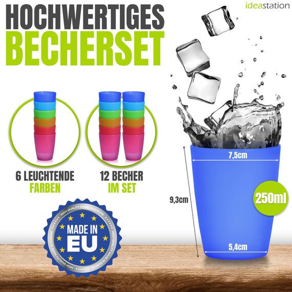 idea-station NEO Trinkbecher Kinder 12 x 250 ml - bunte Plastikbecher Kinder - wiederverwendbare Kinderbecher aus stabilem Kunststoff - Mehrweg Hartplastik Becher Plastik