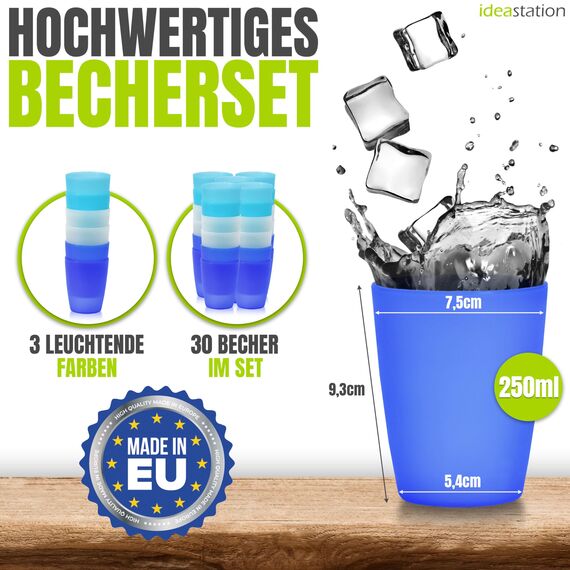 idea-station NEO Plastikbecher 30 x 250 ml - ice-edition - bruchsichere Trinkbecher Plastik - wiederverwendbare Becher aus Plastik - perfekt für Party, Outdoor, Camping