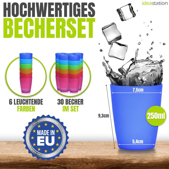 idea-station NEO Plastikbecher 30 x 250 ml - bunt - bruchsichere Trinkbecher Kinder - wiederverwendbare Becher aus Plastik - perfekt für Party, Outdoor, Camping