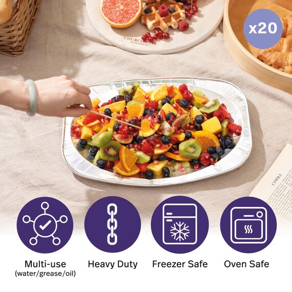 MATANA 20 Große Alu Servierplatten, 35x26cm – Einweg- & Mehrweg Serviertablett mit Hohem Rand & Extra Tiefe – Ofen- & Gefrierschrankgeeignete Buffetplatten für Partys, Weihnachten, Catering